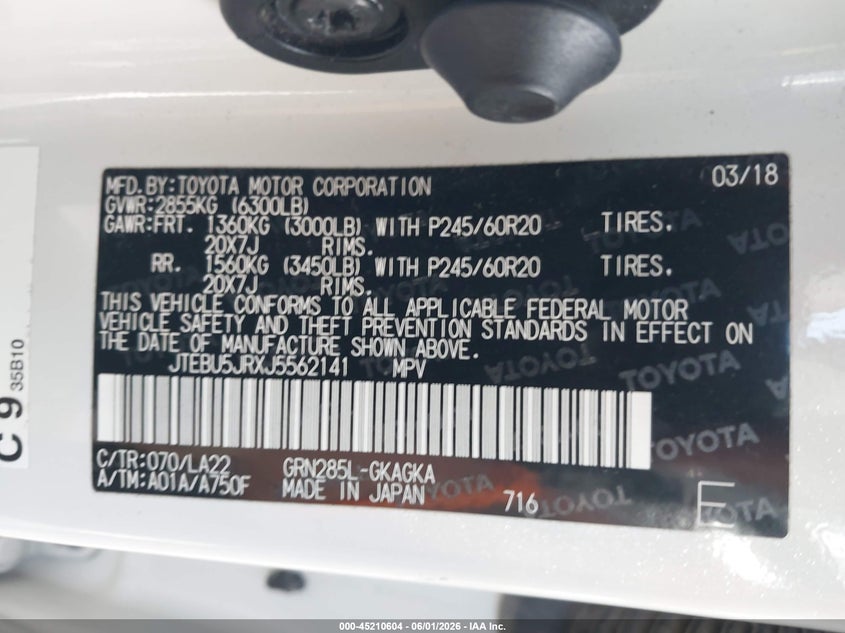 2018 Toyota 4runner VIN JTEBU5JRXJ5562141 IAAI salvage auction — RIGHT FRONT, Salvage Title, sold $13,800 on 2026-07-06 (photo 9)