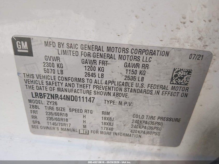 2022 Buick Envision VIN LRBFZNR44ND011147 IAAI salvage auction — REAR END, Salvage Title, sold $5,400 on 2026-07-15 (photo 9)