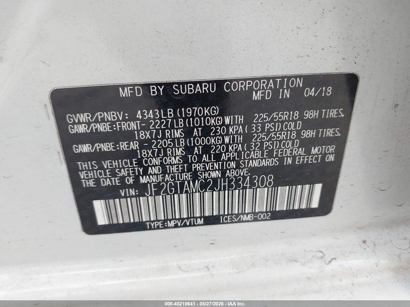 2018 Subaru Xv VIN JF2GTAMC2JH334308 IAAI salvage auction — HAIL, Original (Texas), sold $5,525 on 2026-07-09 (photo 9)