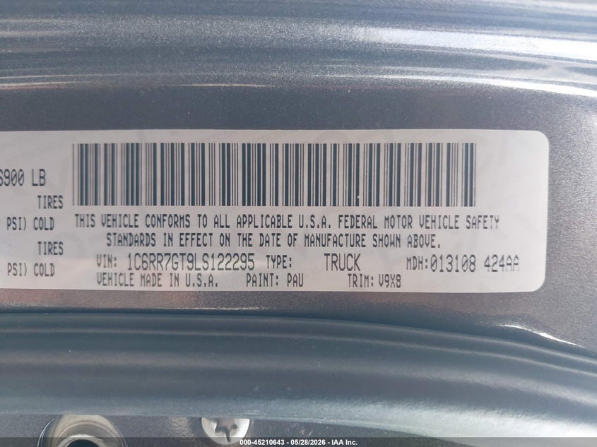 2020 Ram 1500 VIN 1C6RR7GT9LS122295 IAAI salvage auction — FRONT END, Salvage Title, sold $2,050 on 2026-07-21 (photo 9)