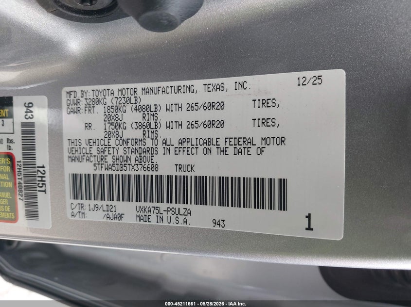 2026 Toyota Tundra VIN 5TFWA5DB5TX376608 IAAI salvage auction — RIGHT SIDE, Salvage Title, sold $24,000 on 2026-07-20 (photo 9)