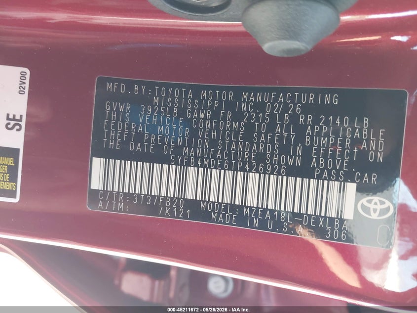 2026 Toyota Corolla VIN 5YFB4MDE6TP426926 IAAI salvage auction — REAR END, Salvage Title, sold $2,550 on 2026-07-21 (photo 9)