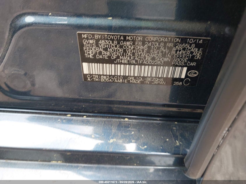 2015 Lexus Gs VIN JTHBE1BL1FA002283 IAAI salvage auction — REAR END, Salvage Title, sold $4,150 on 2026-07-21 (photo 9)