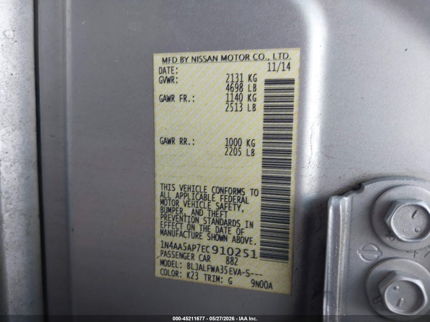 2014 Nissan Maxima VIN 1N4AA5AP7EC910251 IAAI salvage auction — FRONT END, Salvage Title, sold $250 on 2026-07-22 (photo 9)