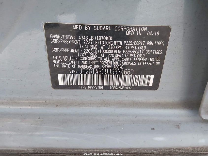 2018 Subaru Xv VIN JF2GTABC9J9334660 IAAI salvage auction — LEFT SIDE, Salvage Title, sold $2,650 on 2026-07-15 (photo 9)