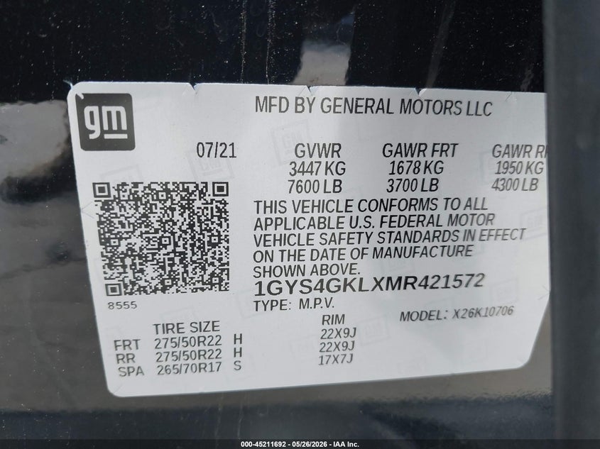 2021 Cadillac Escalade VIN 1GYS4GKLXMR421572 IAAI salvage auction — FRONT END, Salvage Title, sold $30,050 on 2026-09-10 (photo 9)