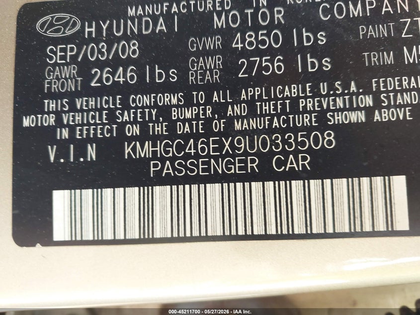 2009 Hyundai Genesis VIN KMHGC46EX9U033508 IAAI salvage auction — FRONT END, Salvage (North Carolina), sold $450 on 2026-07-08 (photo 9)