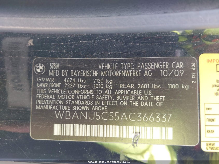 2010 BMW 5 series VIN WBANU5C55AC366337 IAAI salvage auction — LEFT FRONT, Original (Texas), sold $300 on 2026-07-23 (photo 9)