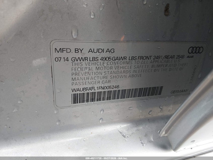 2015 Audi A4 VIN WAUBFAFL1FN005246 IAAI salvage auction — RIGHT FRONT, Clear (Indiana), sold $2,125 on 2026-07-08 (photo 9)