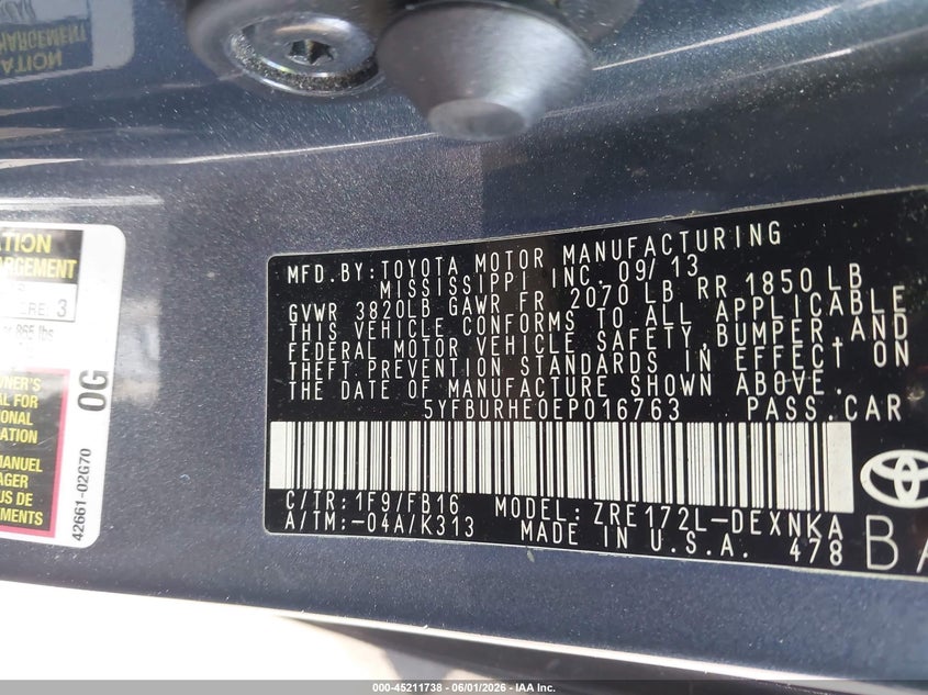 2014 Toyota Corolla VIN 5YFBURHE0EP016763 IAAI salvage auction — RIGHT SIDE, Salvage Title, sold $1,750 on 2026-07-24 (photo 9)