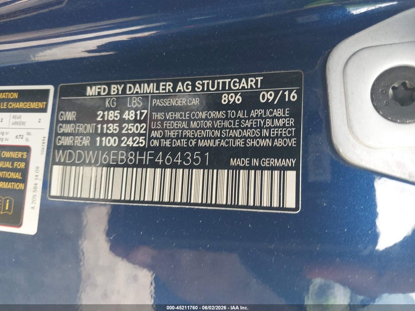 2017 Mercedes-benz VIN WDDWJ6EB8HF464351 IAAI salvage auction — RIGHT FRONT, Salvage Title, sold $11,600 on 2026-07-31 (photo 9)
