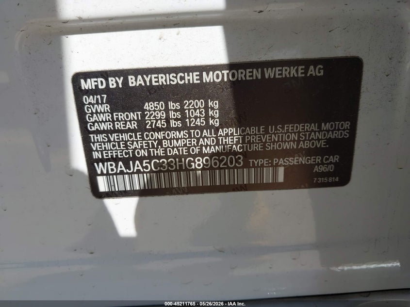 2017 BMW 5er VIN WBAJA5C33HG896203 IAAI salvage auction — REAR END, Salvage Title, sold $7,700 on 2026-07-09 (photo 9)