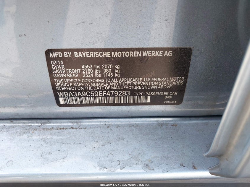 2014 BMW 3er VIN WBA3A9C59EF479283 IAAI salvage auction — LEFT FRONT, Salvage Title, sold $1,725 on 2026-07-10 (photo 9)