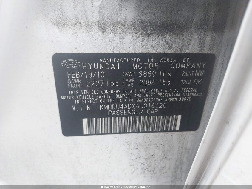 2010 Hyundai Elantra VIN KMHDU4ADXAU016128 IAAI salvage auction — NORMAL WEAR, Clear (Maryland), sold $400 on 2026-07-08 (photo 9)