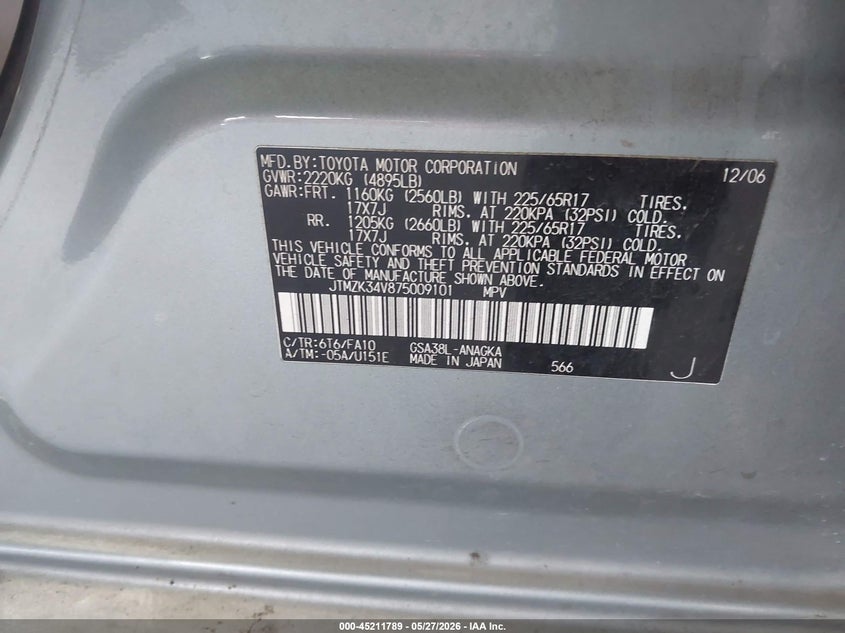 2007 Toyota Rav 4 VIN JTMZK34V875009101 IAAI salvage auction — FRONT END, Salvage (California), sold $1,350 on 2026-07-09 (photo 9)
