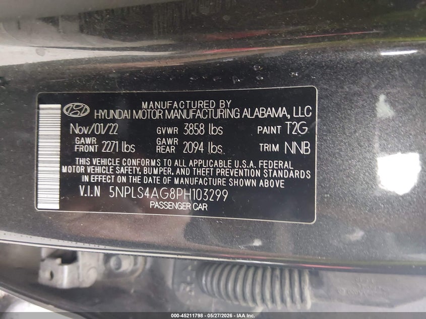 2023 Hyundai Elantra VIN 5NPLS4AG8PH103299 IAAI salvage auction — FRESH WATER, Salvage Title, sold $3,300 on 2026-07-28 (photo 9)