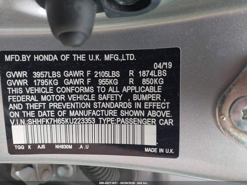 2019 Honda Civic VIN SHHFK7H65KU223353 IAAI salvage auction — FRONT END, Salvage (Minnesota), sold $1,700 on 2026-07-22 (photo 9)