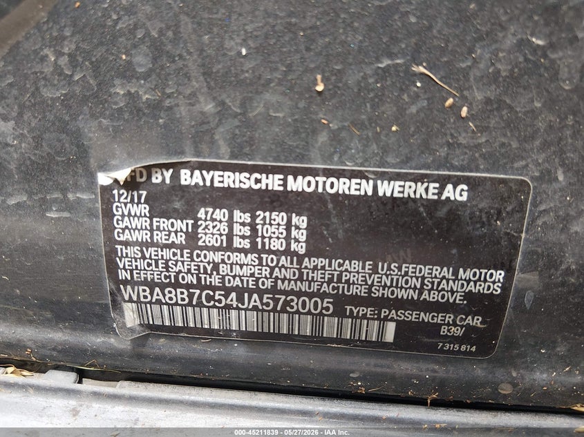 2018 BMW 3er VIN WBA8B7C54JA573005 IAAI salvage auction — FRONT & REAR, Salvage Title, sold $4,475 on 2026-09-10 (photo 9)