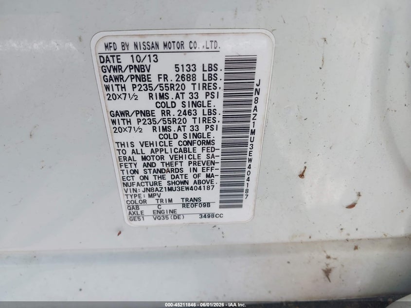 2014 Nissan Murano VIN JN8AZ1MU3EW404187 IAAI salvage auction — FRONT END, Clear (Tennessee), sold $225 on 2026-07-11 (photo 9)