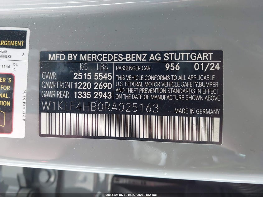 2024 Mercedes-benz E-klasse VIN W1KLF4HB0RA025163 IAAI salvage auction — FRONT END, Salvage Title, sold $42,700 on 2026-07-20 (photo 9)