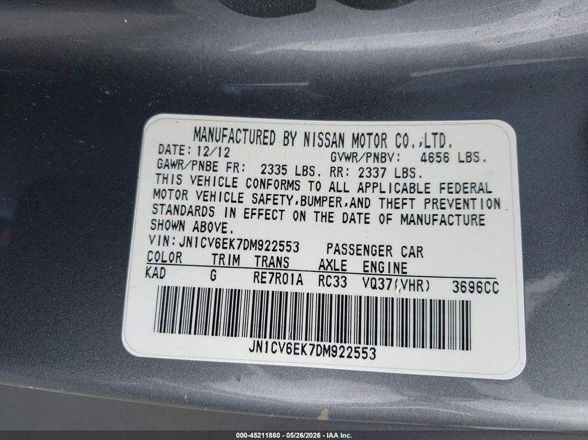 2013 Infiniti G VIN JN1CV6EK7DM922553 IAAI salvage auction — FRONT END, Salvage Title, sold $2,100 on 2026-07-13 (photo 9)
