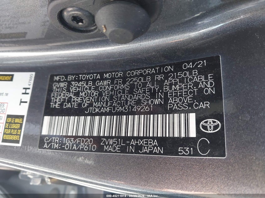 2021 Toyota Prius VIN JTDKAMFU9M3149261 IAAI salvage auction — SIDE, Salvage Title, sold $4,800 on 2026-07-23 (photo 9)