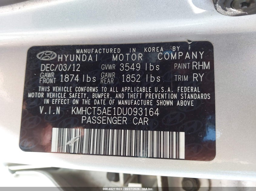 2013 Hyundai Accent VIN KMHCT5AE1DU093164 IAAI salvage auction — REAR END, Certificate Of Title (Nebraska), sold $1,300 on 2026-07-29 (photo 9)