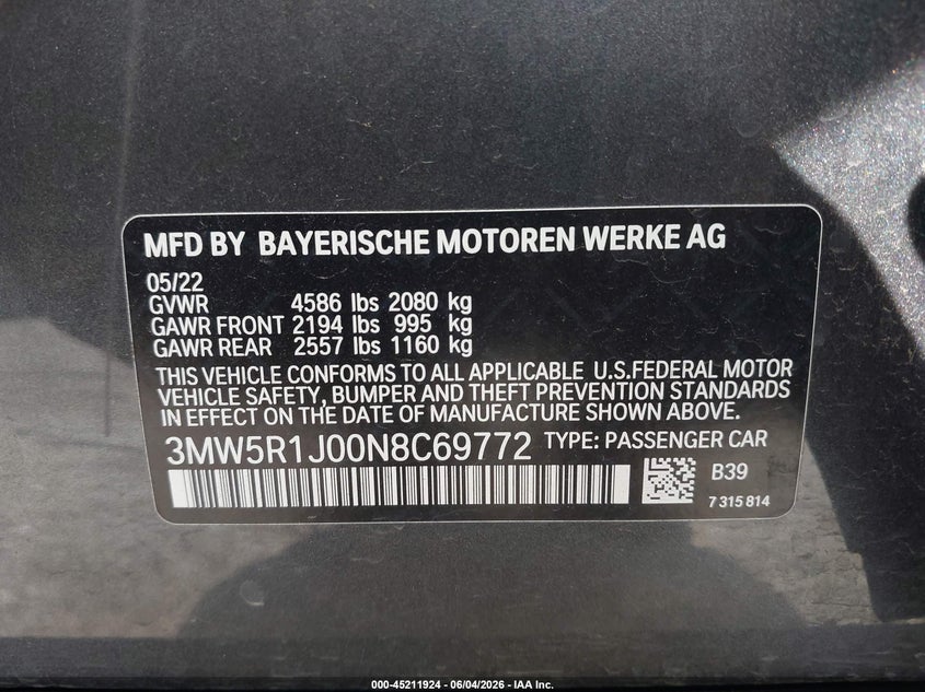 2022 BMW 3er VIN 3MW5R1J00N8C69772 IAAI salvage auction — RIGHT SIDE, Salvage Title, sold $11,000 on 2026-07-28 (photo 9)