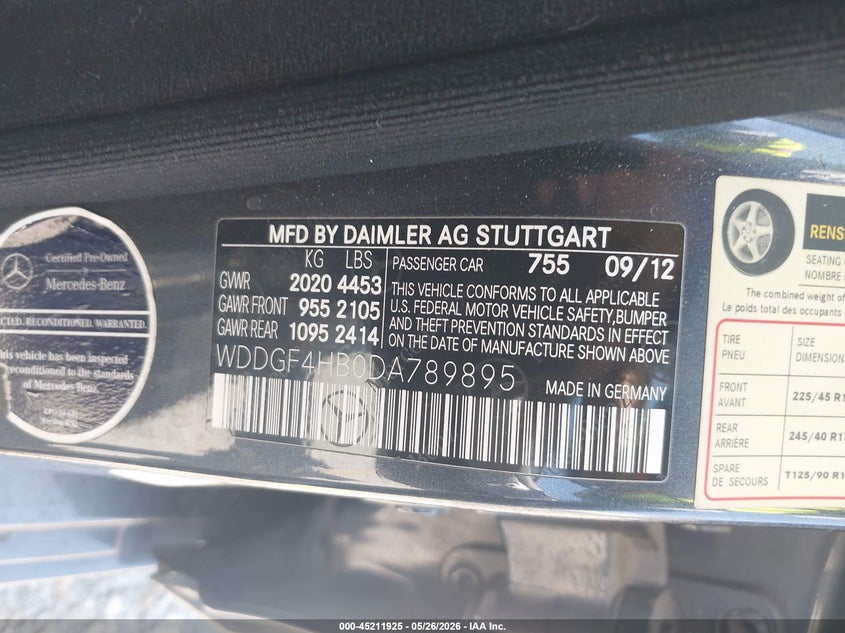 2013 Mercedes-benz C-klasse VIN WDDGF4HB0DA789895 IAAI salvage auction — RIGHT SIDE, Salvage Title, sold $775 on 2026-07-14 (photo 9)