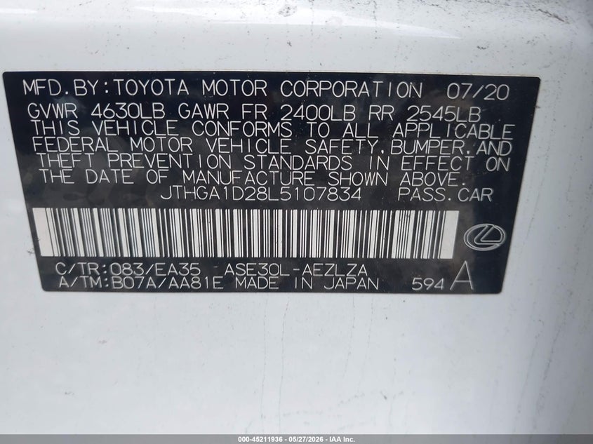 2020 Lexus Is VIN JTHGA1D28L5107834 IAAI salvage auction — FRONT END, Salvage Title, sold $5,800 on 2026-07-08 (photo 9)