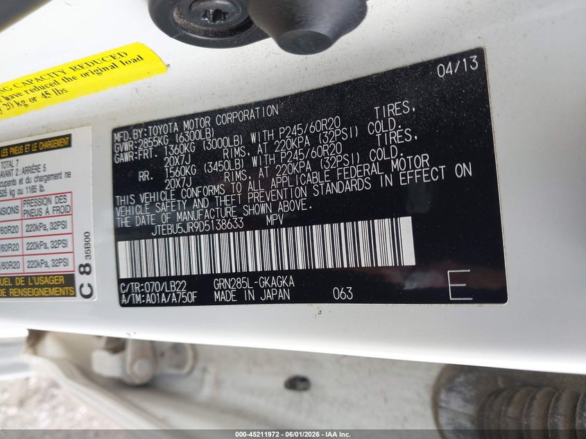 2013 Toyota 4runner VIN JTEBU5JR9D5138633 IAAI salvage auction — RIGHT FRONT, Salvage Title, sold $9,900 on 2026-07-22 (photo 9)