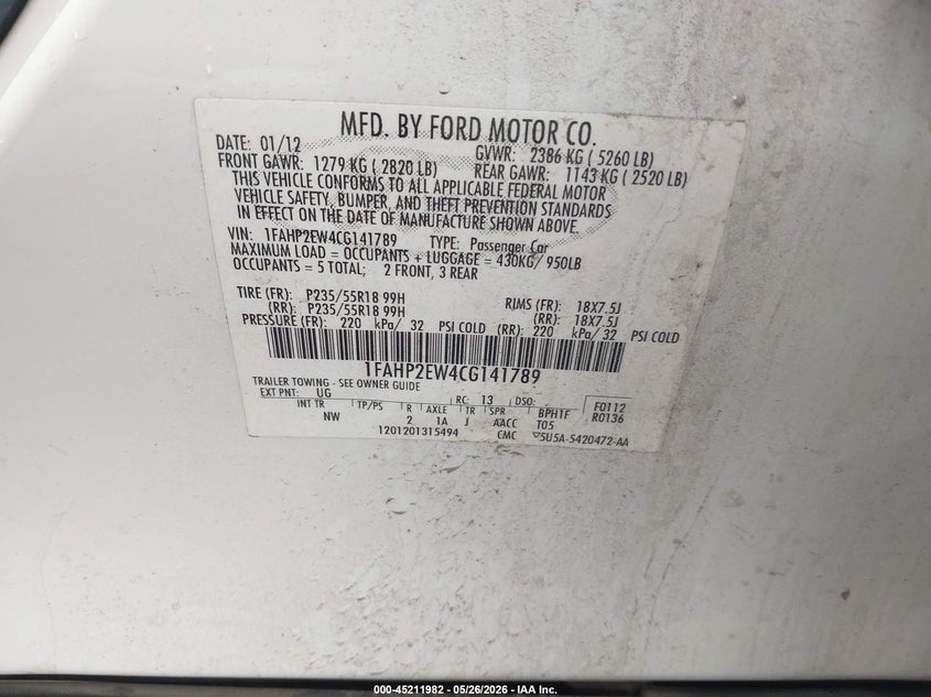 2012 Ford Taurus VIN 1FAHP2EW4CG141789 IAAI salvage auction — HAIL, Salvage Title, sold $3,350 on 2026-08-03 (photo 9)