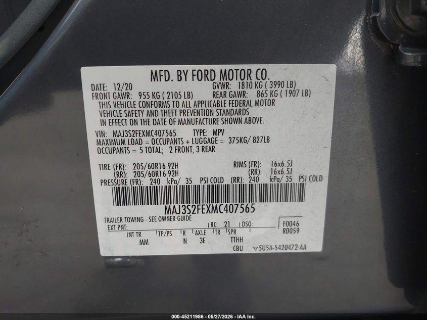 2021 Ford Ecosport VIN MAJ3S2FEXMC407565 IAAI salvage auction — SUSPENSION, Salvage Title, sold $1,550 on 2026-07-15 (photo 9)