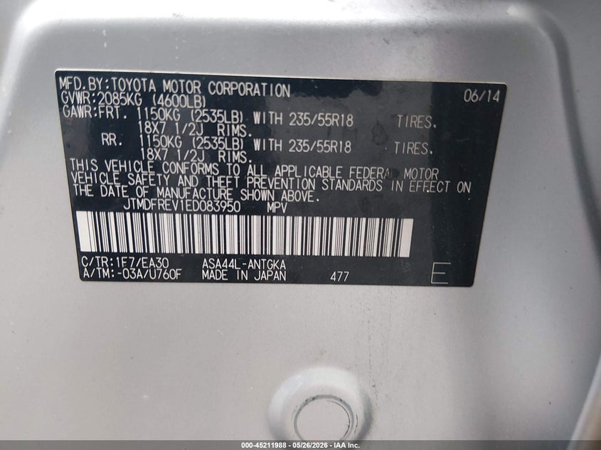 2014 Toyota Rav 4 VIN JTMDFREV1ED083950 IAAI salvage auction — NORMAL WEAR, Clear (Maryland), sold $7,100 on 2026-07-08 (photo 9)
