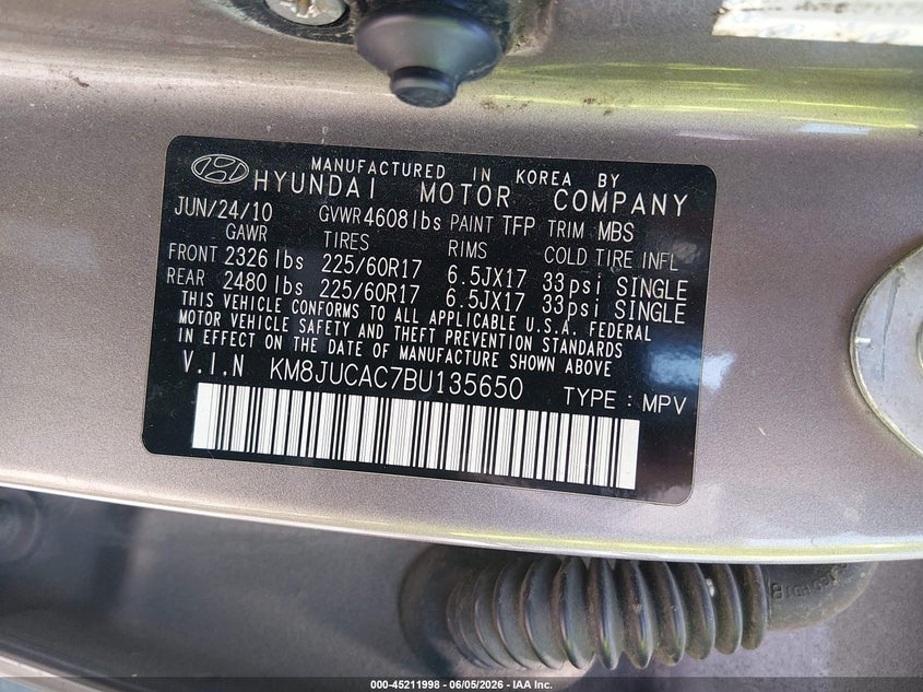 2011 Hyundai Tucson VIN KM8JUCAC7BU135650 IAAI salvage auction — REAR END, Salvage (South Carolina), sold $725 on 2026-07-08 (photo 9)