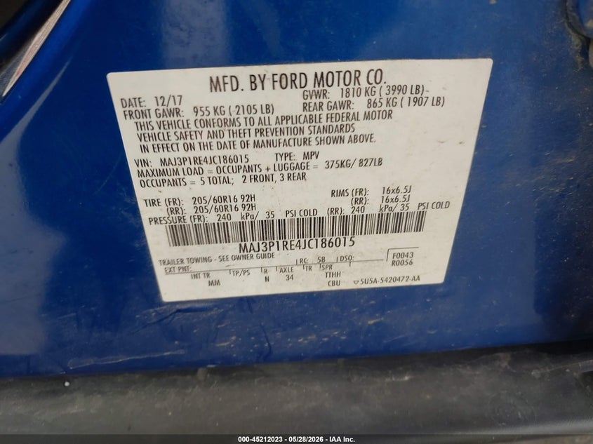 2018 Ford Ecosport VIN MAJ3P1RE4JC186015 IAAI salvage auction — FRONT END, Salvage Title, sold $1,450 on 2026-07-14 (photo 9)
