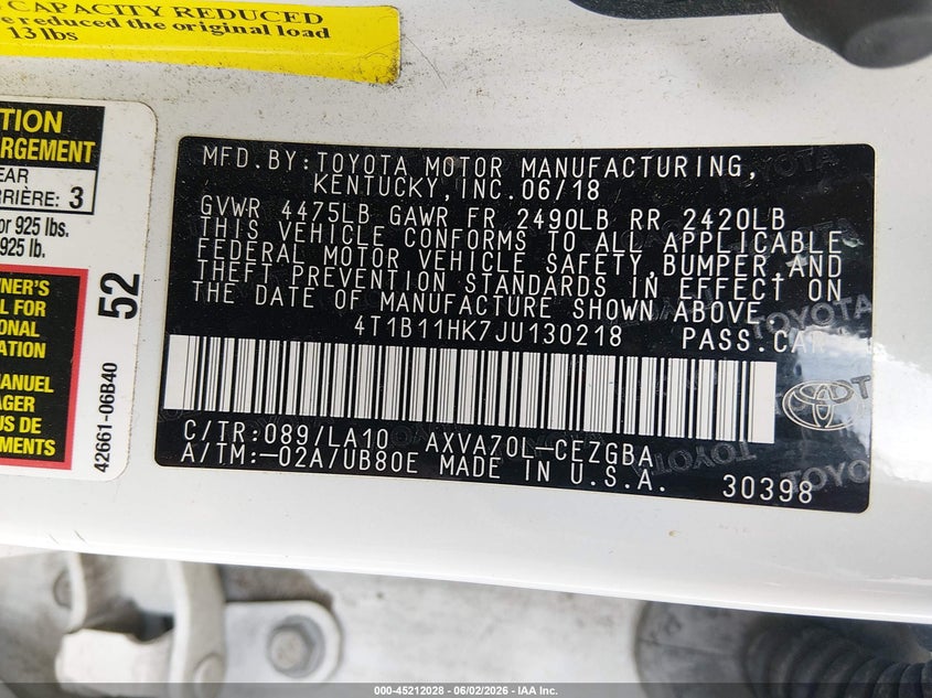 2018 Toyota Camry VIN 4T1B11HK7JU130218 IAAI salvage auction — HAIL, Salvage Title, sold $9,800 on 2026-07-05 (photo 9)