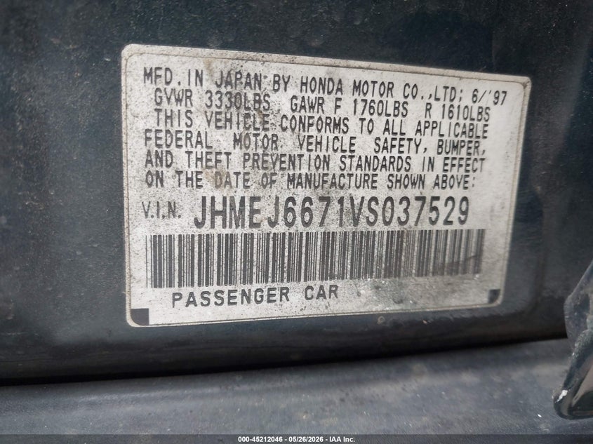 1997 Honda Civic VIN JHMEJ6671VS037529 IAAI salvage auction — REAR END, Salvage (California), sold $200 on 2026-07-15 (photo 9)