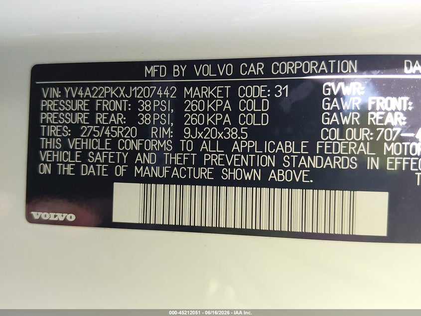 2018 Volvo Xc90 VIN YV4A22PKXJ1207442 IAAI salvage auction — HAIL, Clear (Oklahoma), sold $10,300 on 2026-07-21 (photo 9)