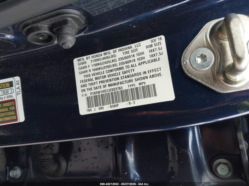 2018 Honda Cr-v VIN 7FARW1H57JE023763 IAAI salvage auction — FRONT END, Salvage (Georgia), sold $3,950 on 2026-08-07 (photo 9)