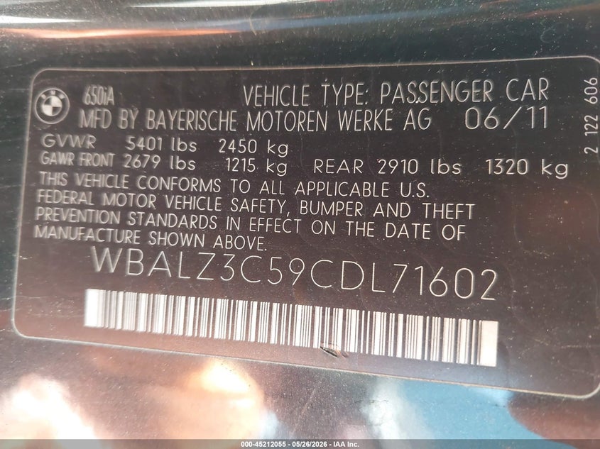 2012 BMW 6er VIN WBALZ3C59CDL71602 IAAI salvage auction — NORMAL WEAR, Clear - Dealer Only (California), sold $1,475 on 2026-07-28 (photo 9)