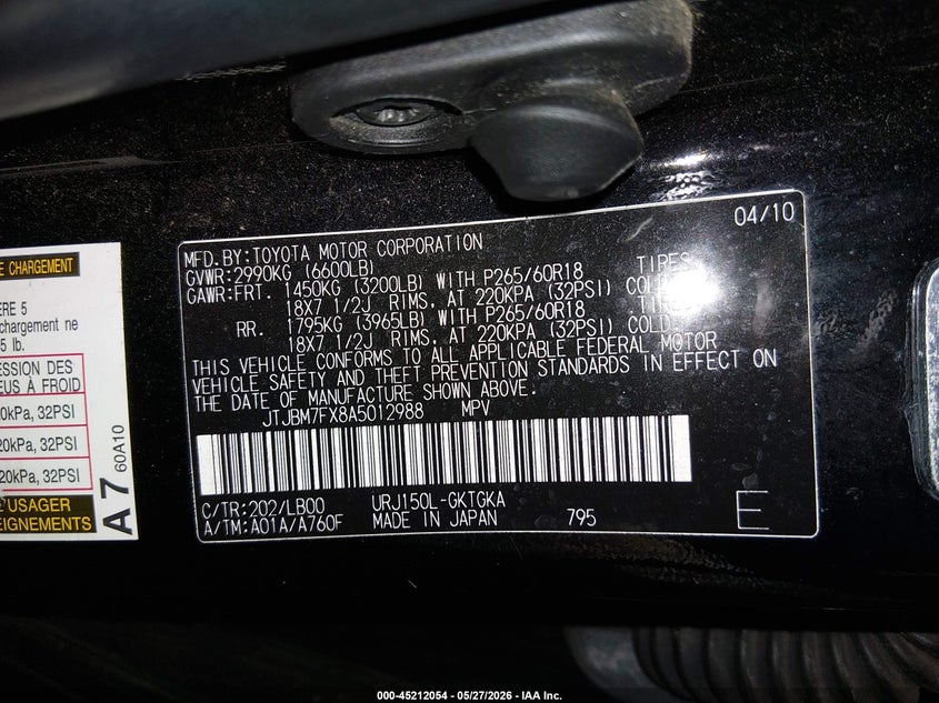 2010 Lexus Gx 460 VIN JTJBM7FX8A5012988 IAAI salvage auction — FRONT END, Salvage (Oregon), sold $6,600 on 2026-07-30 (photo 9)