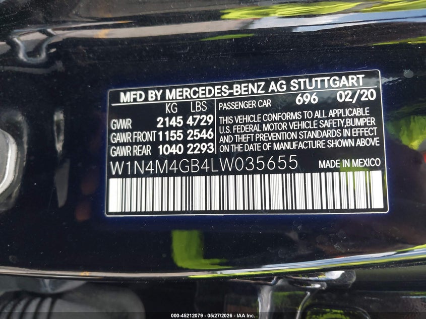 2020 Mercedes-benz Glb VIN W1N4M4GB4LW035655 IAAI salvage auction — WATER/FLOOD, Salvage Title, sold $8,550 on 2026-07-06 (photo 9)
