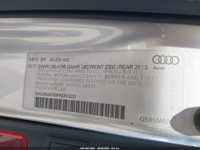 2017 Audi A4 VIN WAUANAF49HN061820 IAAI salvage auction — LEFT FRONT, Salvage (Connecticut), sold $2,375 on 2026-07-30 (photo 9)