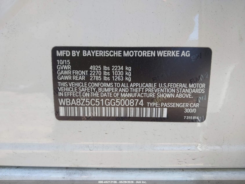 2016 BMW 3er VIN WBA8Z5C51GG500874 IAAI salvage auction — LEFT FRONT, Salvage Title, sold $1,250 on 2026-07-24 (photo 9)