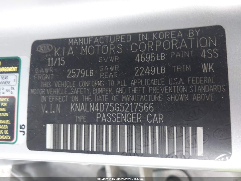 2016 Kia Cadenza VIN KNALN4D75G5217566 IAAI salvage auction — FRONT END, Original (Texas), sold $25 on 2026-07-23 (photo 9)