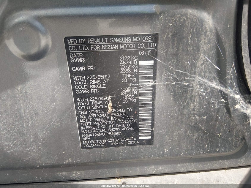 2015 Nissan Rogue VIN KNMAT2MV0FP543989 IAAI salvage auction — HAIL, Salvage (Illinois), sold $1,300 on 2026-07-07 (photo 9)