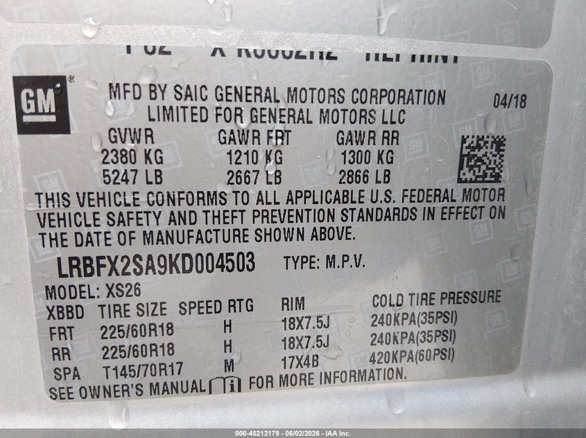 2019 Buick Envision VIN LRBFX2SA9KD004503 IAAI salvage auction — HAIL, Clear (Kansas), sold $3,775 on 2026-07-22 (photo 9)