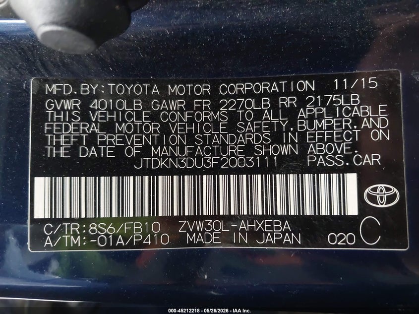 2015 Toyota Prius VIN JTDKN3DU3F2003111 IAAI salvage auction — FRONT END, Salvage (California), sold $475 on 2026-07-29 (photo 9)