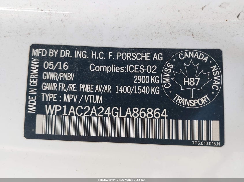 2016 Porsche Cayenne VIN WP1AC2A24GLA86864 IAAI salvage auction — LEFT SIDE, Salvage (Illinois), sold $14,800 on 2026-07-15 (photo 9)